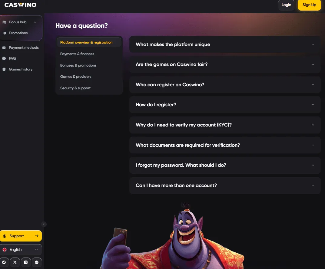 Caswino support FAQ section